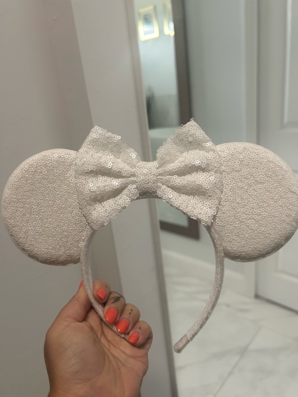 White Sequin Minnie Ear Headband with Bow